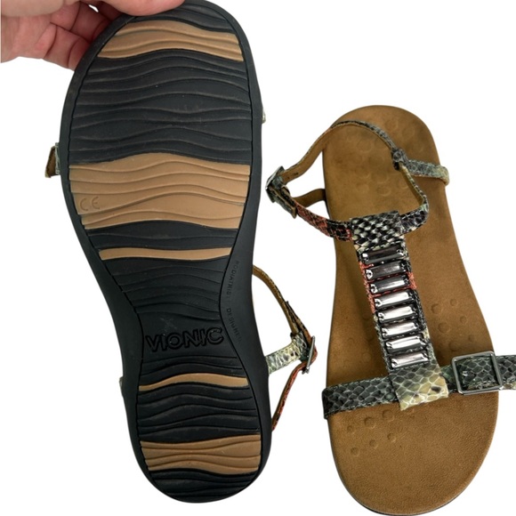 Vionic 342 Navassa Tan T Strap Embellished Snakeskin Sandals Womens 7 Comfort - Picture 11 of 12